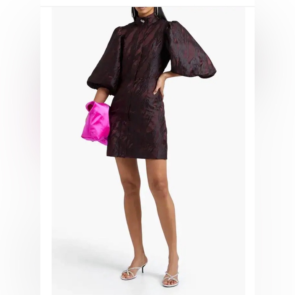 GANNI 
Satin-Jacquard Mini Dress Puff Sleeve Chocolate Maroon Rhinestone XS EUC